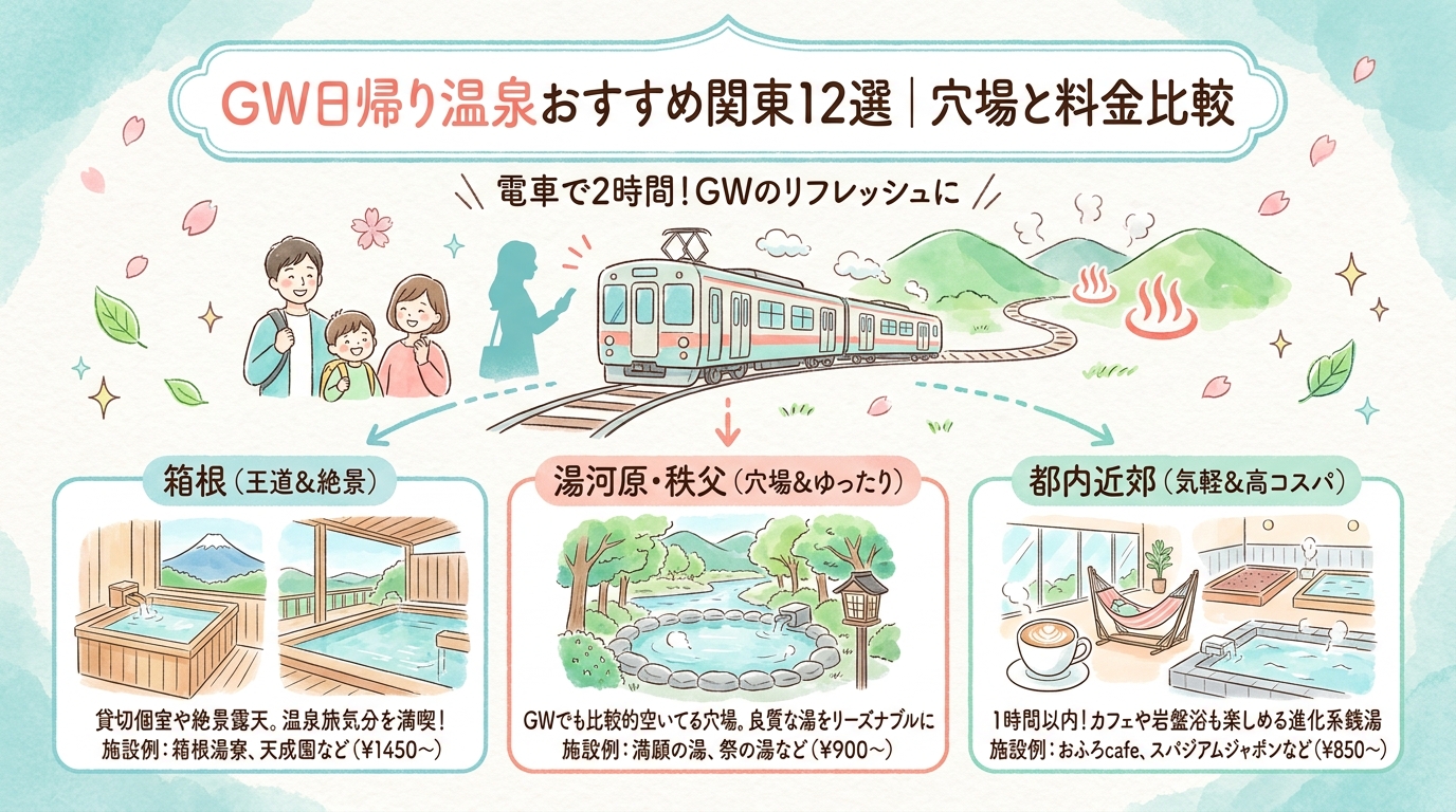 GW日帰り温泉おすすめ関東12選｜穴場と料金比較 アイキャッチ（PC用）