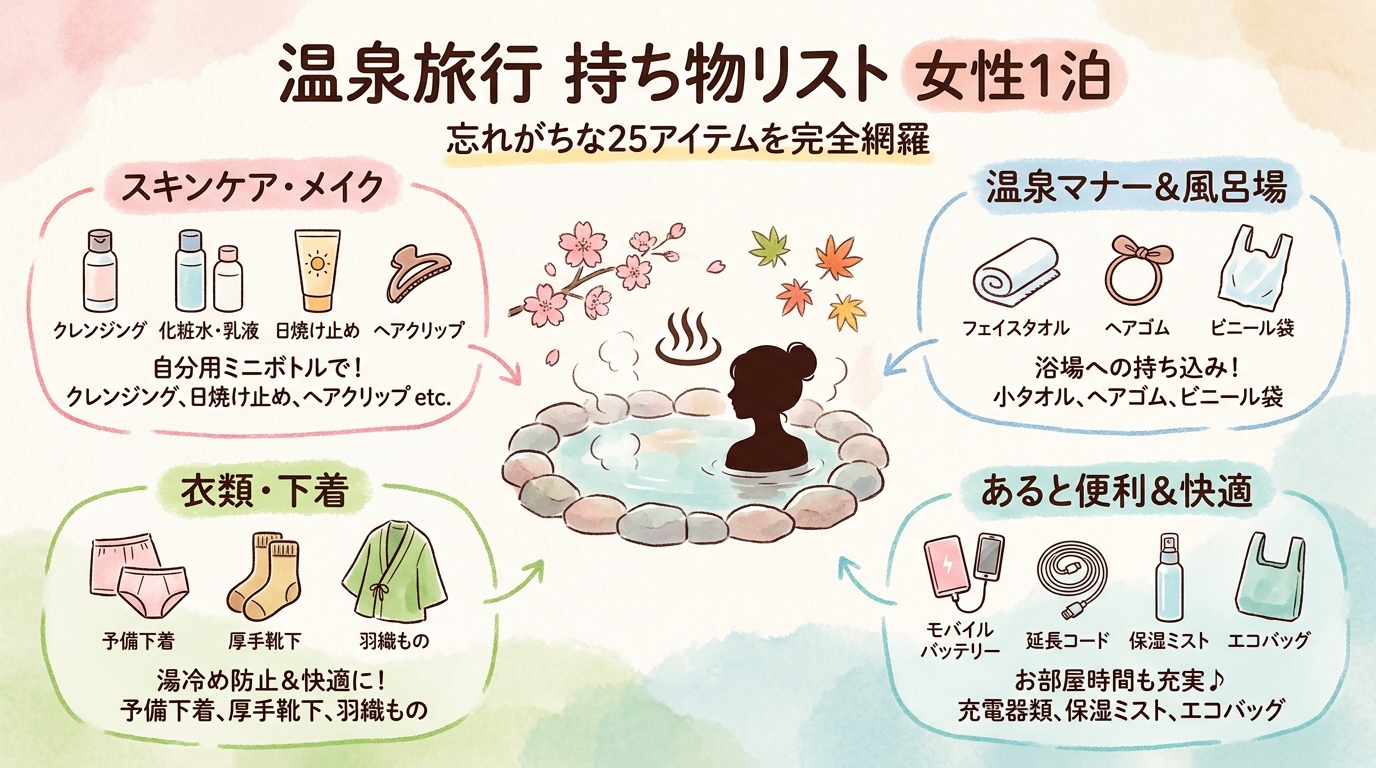 温泉旅行持ち物リスト女性1泊2026｜忘れがちな25アイテムを完全網羅 アイキャッチ（PC用）