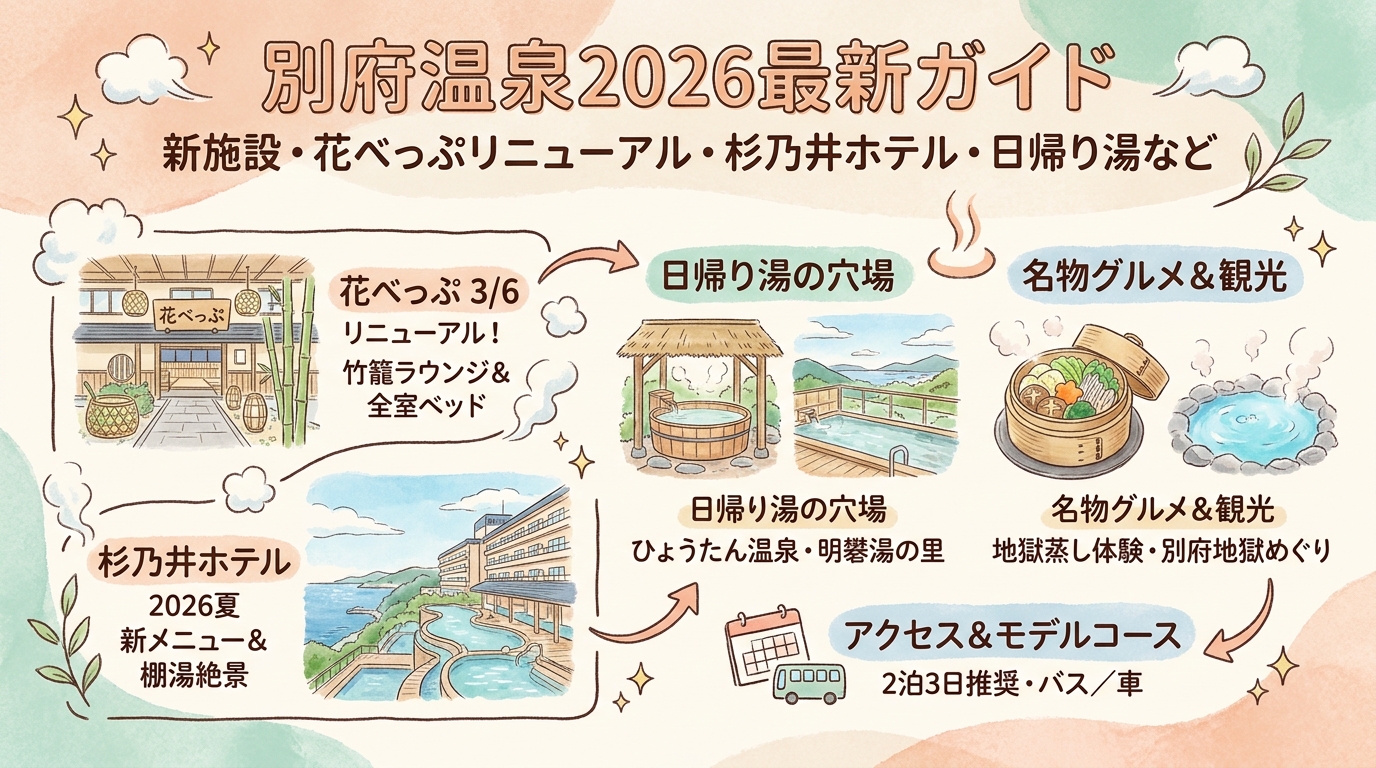 別府温泉2026最新ガイド 新施設・花べっぷリニューアル・杉乃井ホテル・日帰り湯など