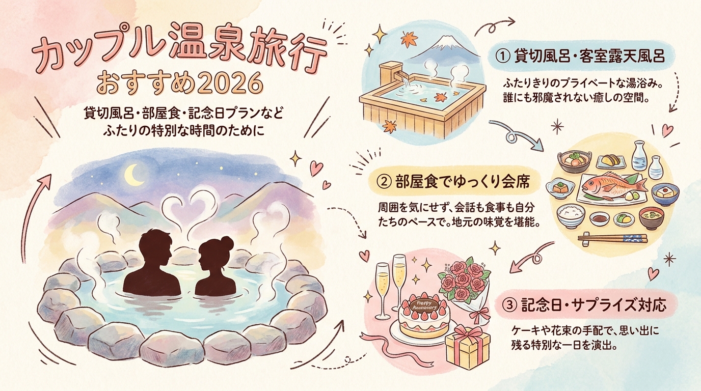 カップル温泉旅行おすすめ2026 貸切風呂・部屋食・記念日プランなど