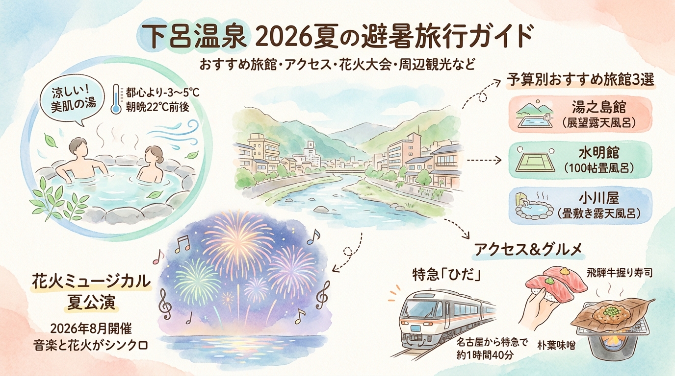 下呂温泉2026夏の避暑旅行ガイド おすすめ旅館・アクセス・花火大会・周辺観光など アイキャッチ（PC用）