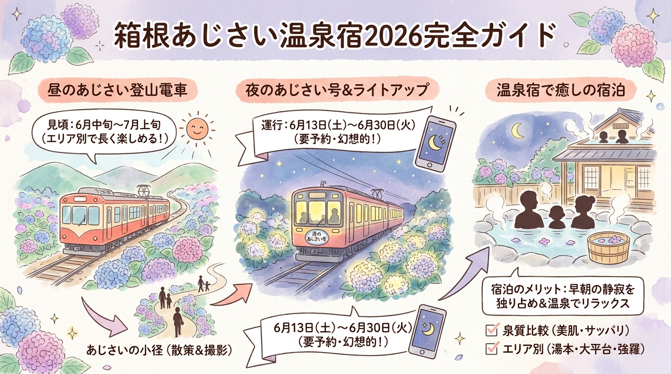 箱根あじさい温泉宿2026完全ガイド 見頃・ライトアップ・宿泊プラン・夜のあじさい号など アイキャッチ(PC用)