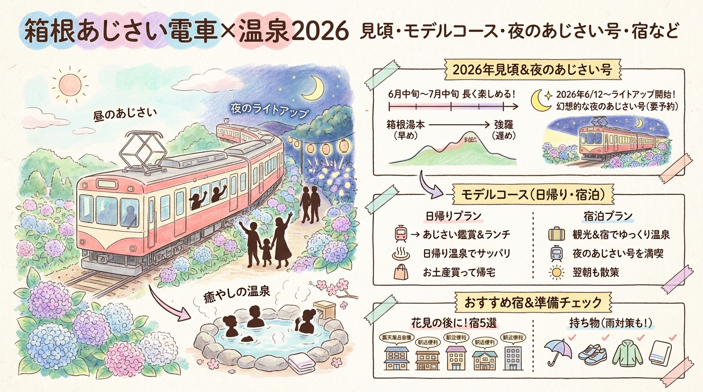 箱根あじさい電車×温泉2026 見頃・モデルコース・夜のあじさい号・宿など
