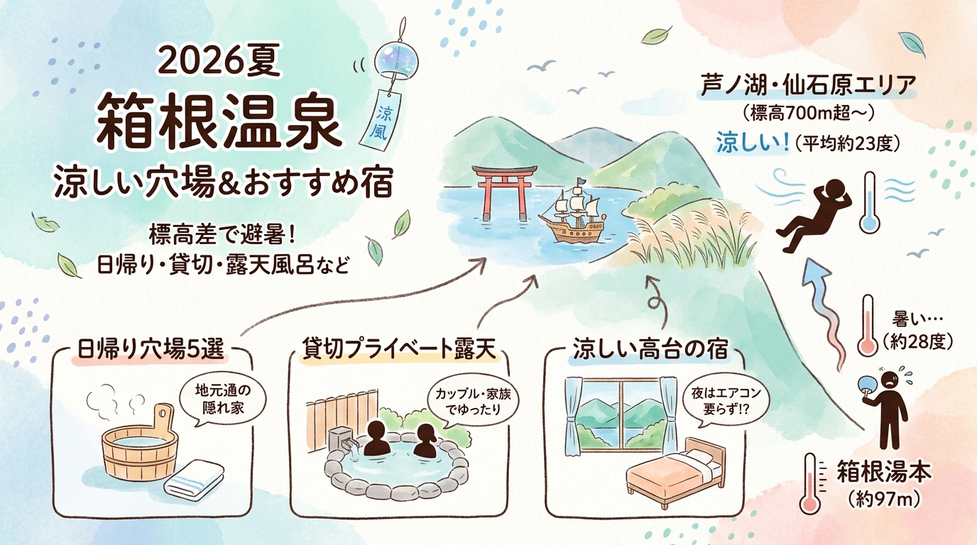 箱根温泉夏の穴場おすすめ2026 日帰り・貸切・露天風呂・涼しい宿など アイキャッチ（PC用）