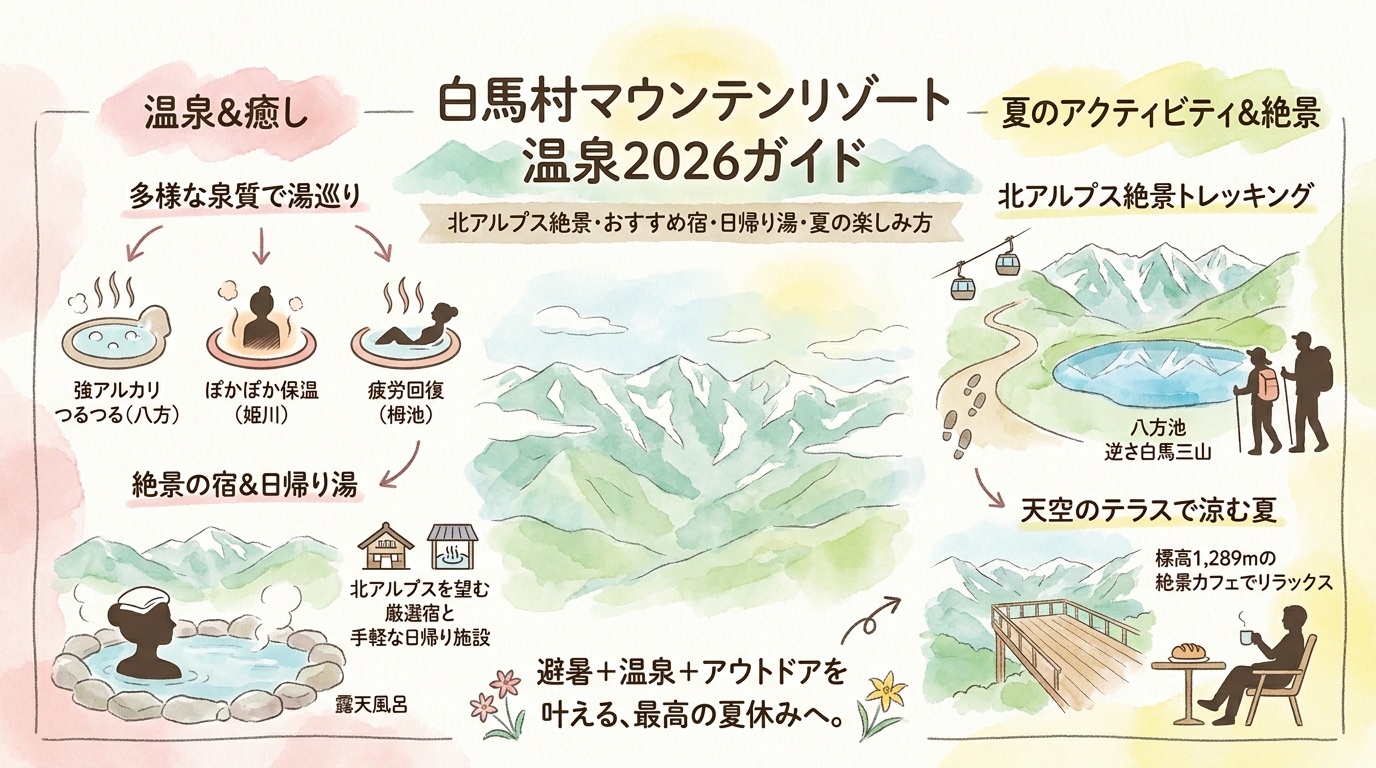 白馬村マウンテンリゾート温泉2026ガイド 北アルプス絶景・おすすめ宿・日帰り湯・夏の楽しみ方など