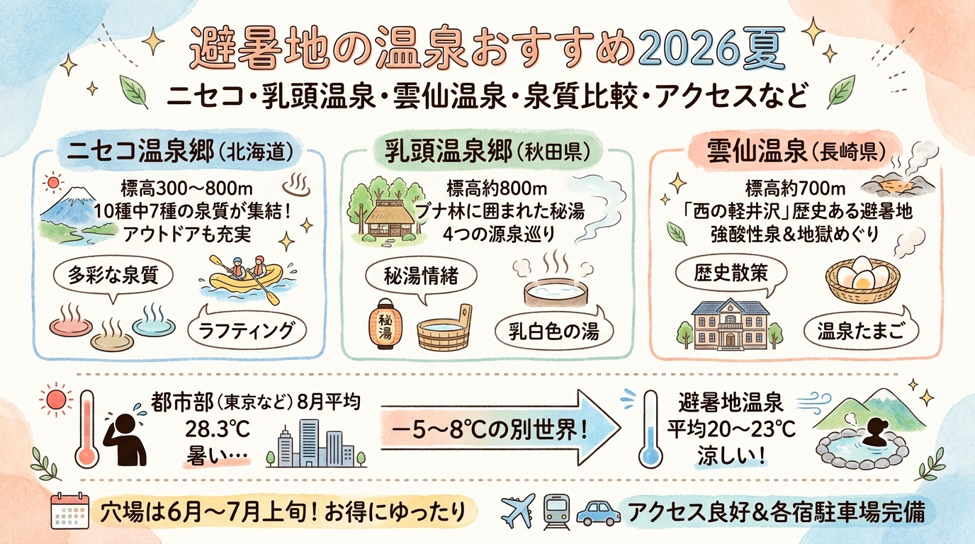 避暑地の温泉おすすめ2026夏 ニセコ・乳頭温泉・雲仙温泉・泉質比較・アクセスなど