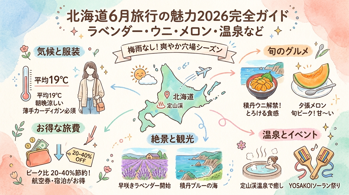 北海道6月旅行の魅力2026完全ガイド ラベンダー・ウニ・メロン・温泉など