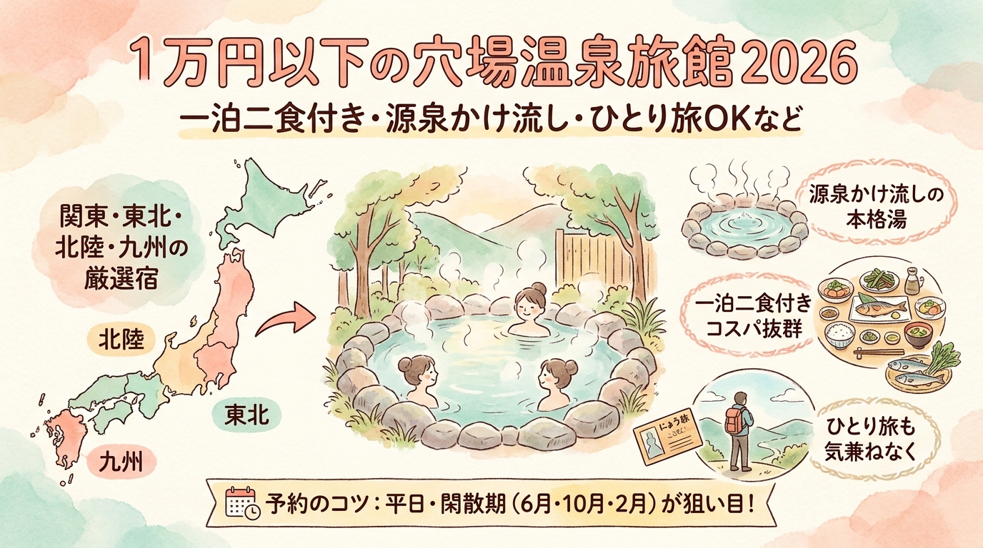 1万円以下の穴場温泉旅館2026 一泊二食付き・源泉かけ流し・ひとり旅OKなど
