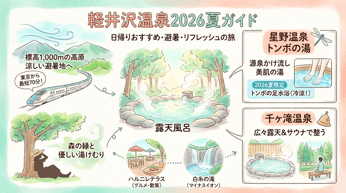 軽井沢温泉2026夏ガイド 日帰りおすすめ・星野温泉トンボの湯・千ヶ滝・避暑など