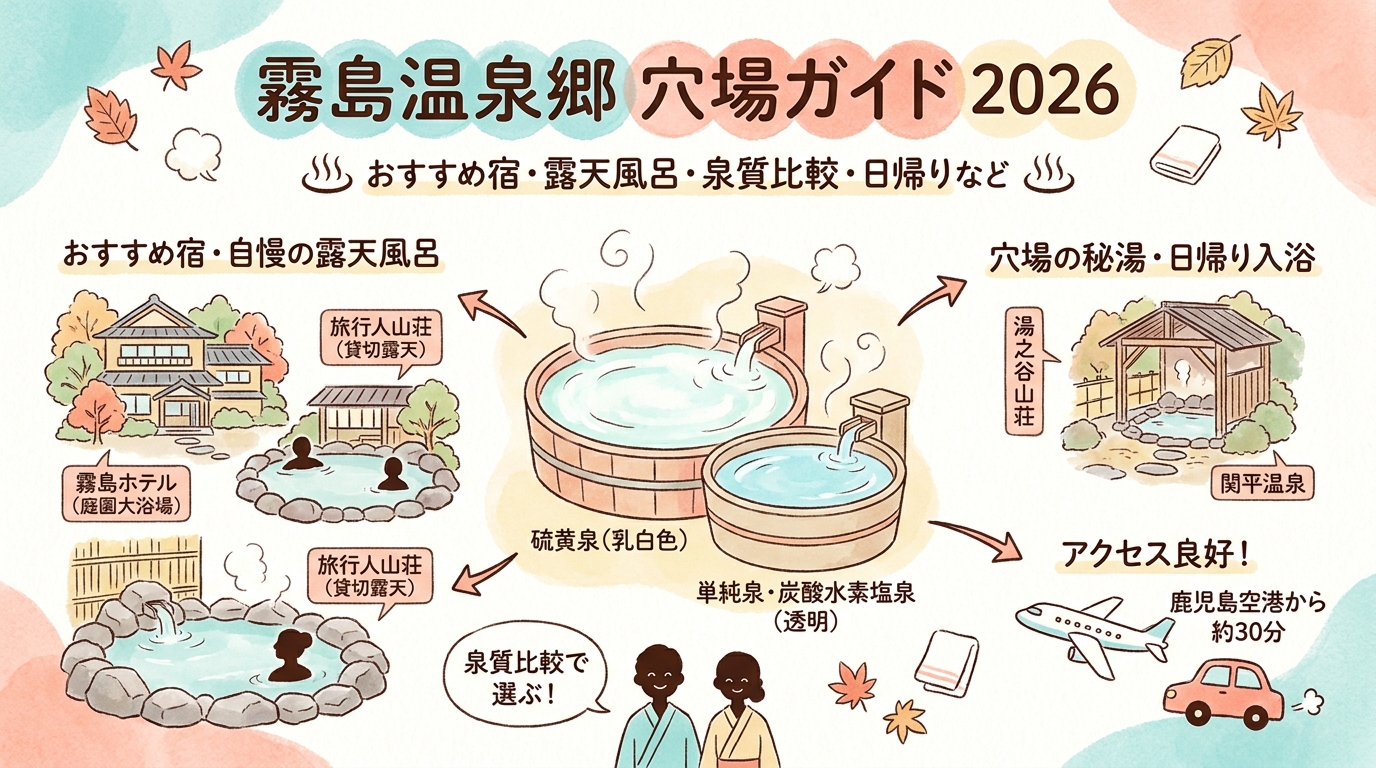 霧島温泉郷穴場ガイド2026 おすすめ宿・露天風呂・泉質比較・日帰りなど アイキャッチ(PC用)