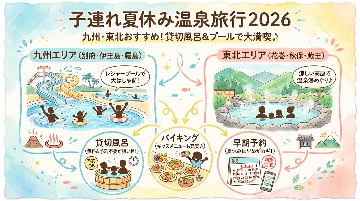 子連れ夏休み温泉旅行2026 九州・東北おすすめ・貸切風呂・プール付きなど