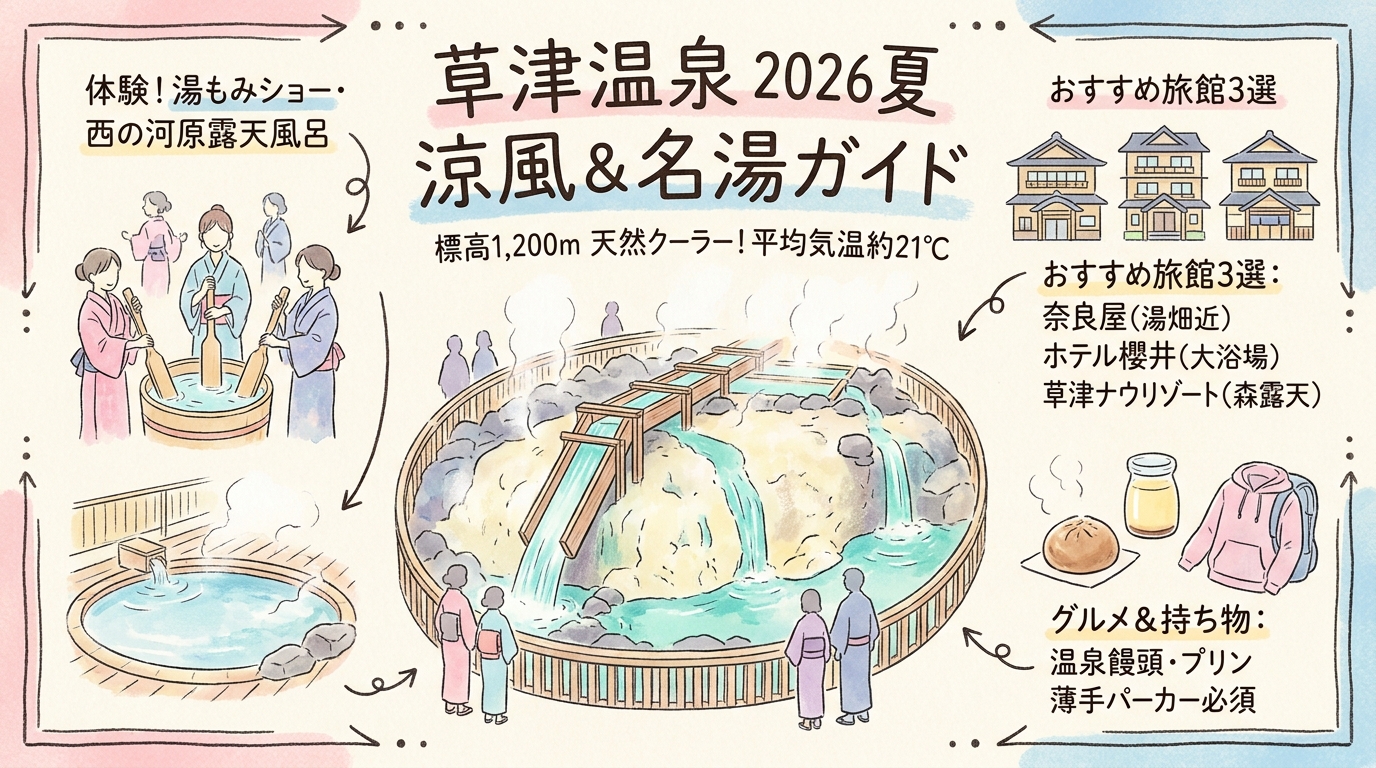 草津温泉2026夏おすすめ旅館・湯もみ体験・西の河原・グルメ比較ガイドなど アイキャッチ（PC用）