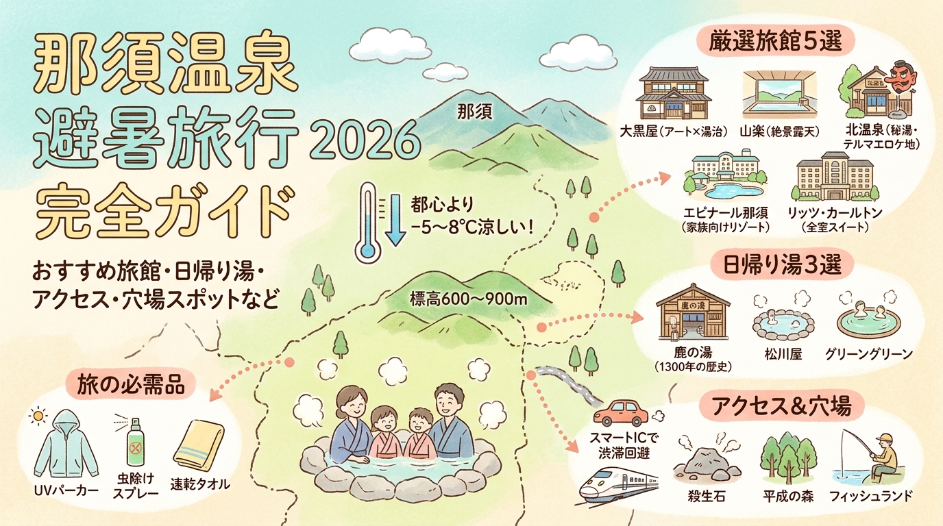 那須温泉避暑旅行2026完全ガイド おすすめ旅館・日帰り湯・アクセス・穴場スポットなど