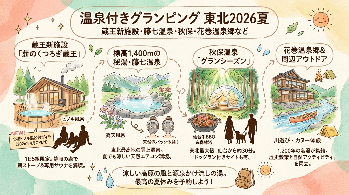 温泉付きグランピング東北2026夏 蔵王新施設・藤七温泉・秋保・花巻温泉郷など
