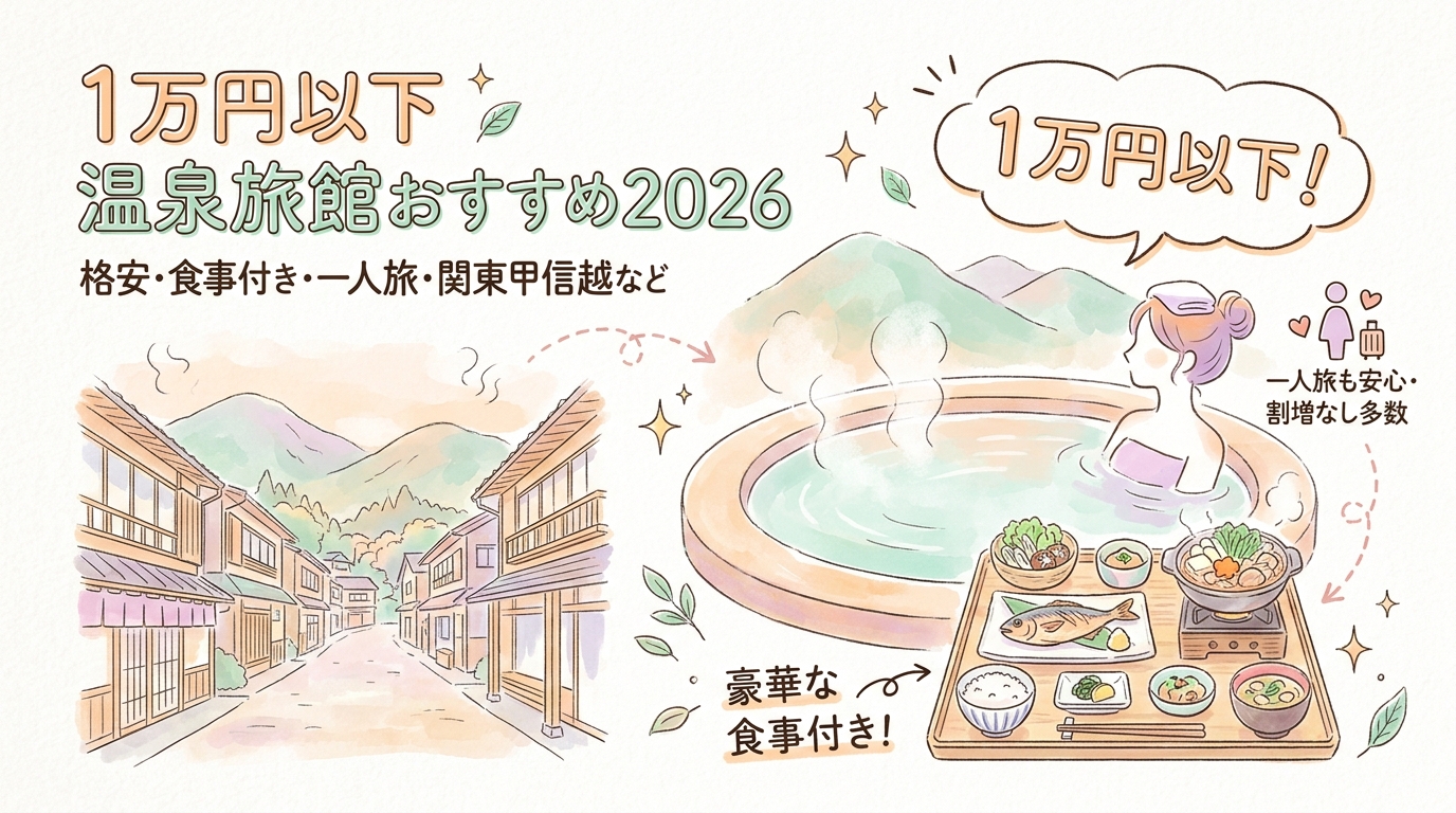1万円以下温泉旅館おすすめ2026 格安・食事付き・一人旅・関東甲信越など アイキャッチ（PC用）