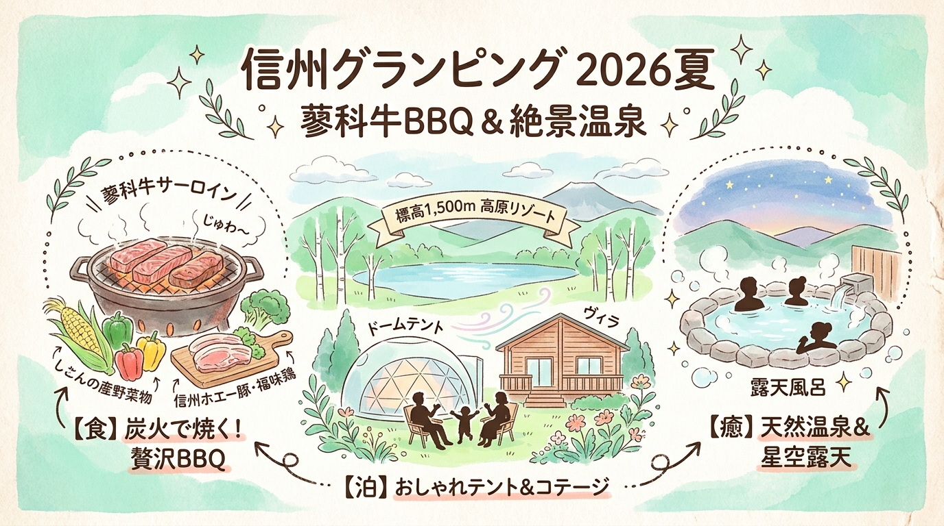 信州グランピング蓼科牛BBQ2026夏 白樺湖温泉・女神湖・高原リゾートなど