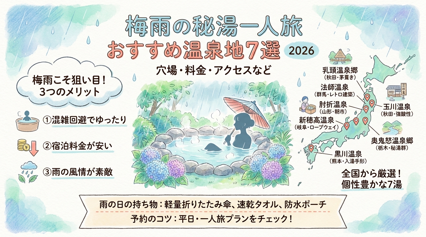 梅雨の秘湯一人旅おすすめ温泉地7選2026 穴場・料金・アクセスなど アイキャッチ（PC用）
