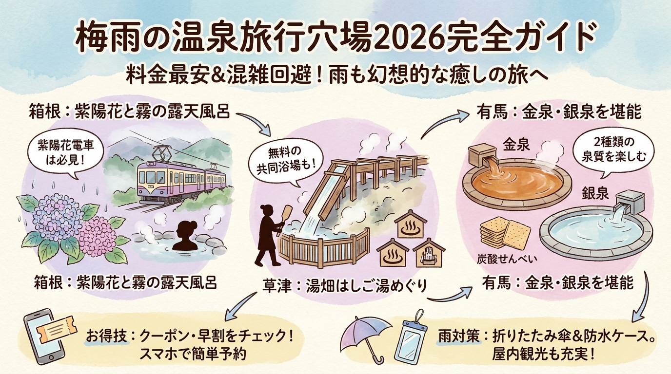 梅雨の温泉旅行穴場2026完全ガイド 箱根・草津・有馬・おすすめ宿など